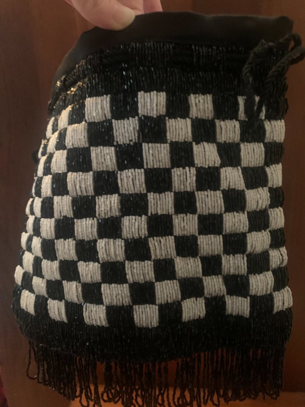 STAUD Beaded Black & White Checkered Drawstring Pouch - Picture 2 of 11